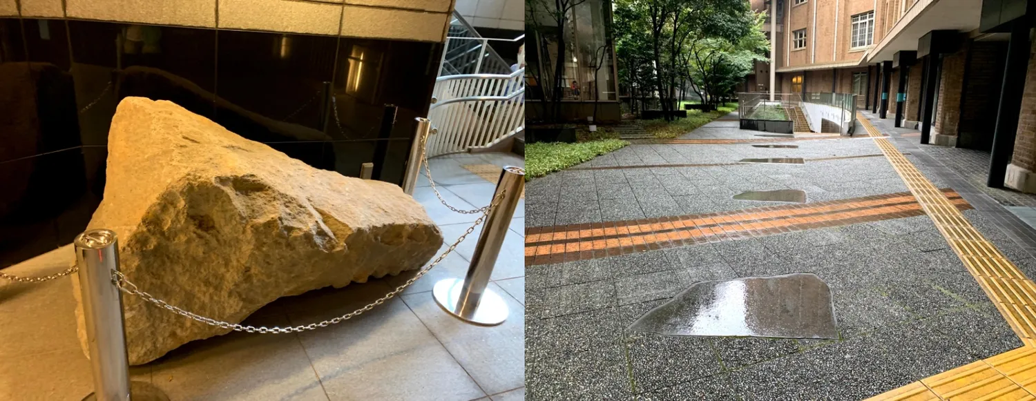 (左)「江戸城外堀跡 地下展示室」の白と黒とで色が変わる壁タイル。黒色は、かつて江戸城外堀の水の中だった位置を示しています。(右)旧文部省庁舎の中庭にある石垣展示から霞ヶ関コモンゲートの石垣展示まで、石垣のラインに沿って地面に石垣断面が埋め込まれている