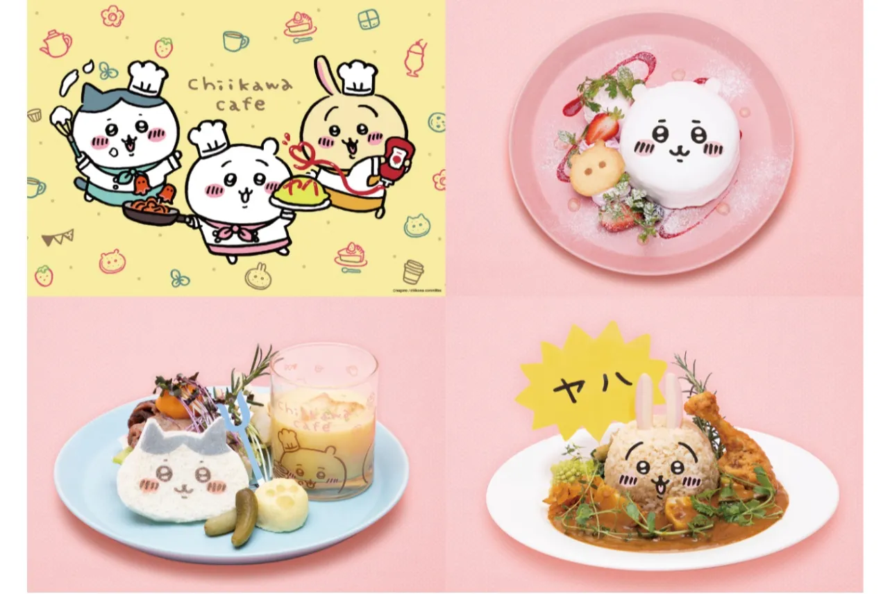 ▲「ちいかわカフェ」の復刻メニュー（一部）：右上「ちいかわのお顔パンケーキ」（1,540円）、左下「ハチワレのごちそうサンド」（1,760円）、右下「うさぎのウラヤハカレー」（1,650円） フェア開催期間:11/16～2024/2/13