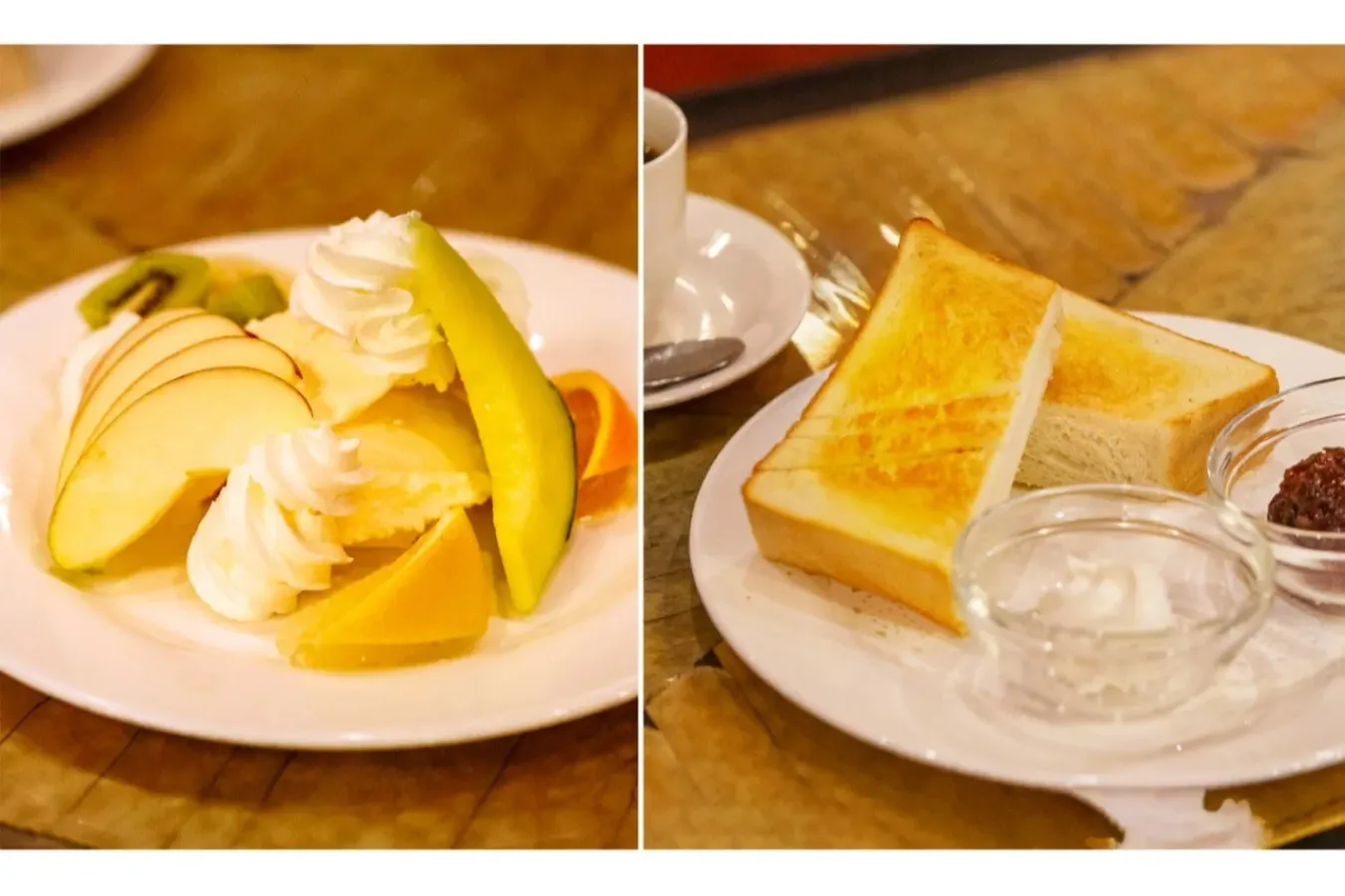 ▲写真左「フルーツサンデー」、写真右「小倉バタートースト」
