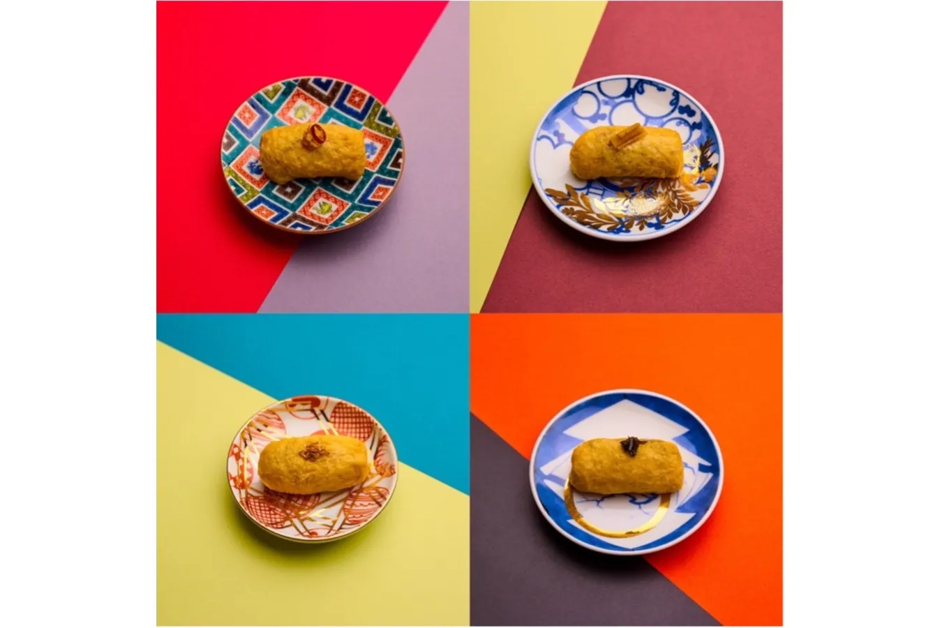 ▲「季節野菜のいなり寿司」：左上から時計回りに「季節のきんぴら」（180円）、「ごぼうバルサミコ」（180円）、「昆布」（180円(税込）、「おかか」（180円）