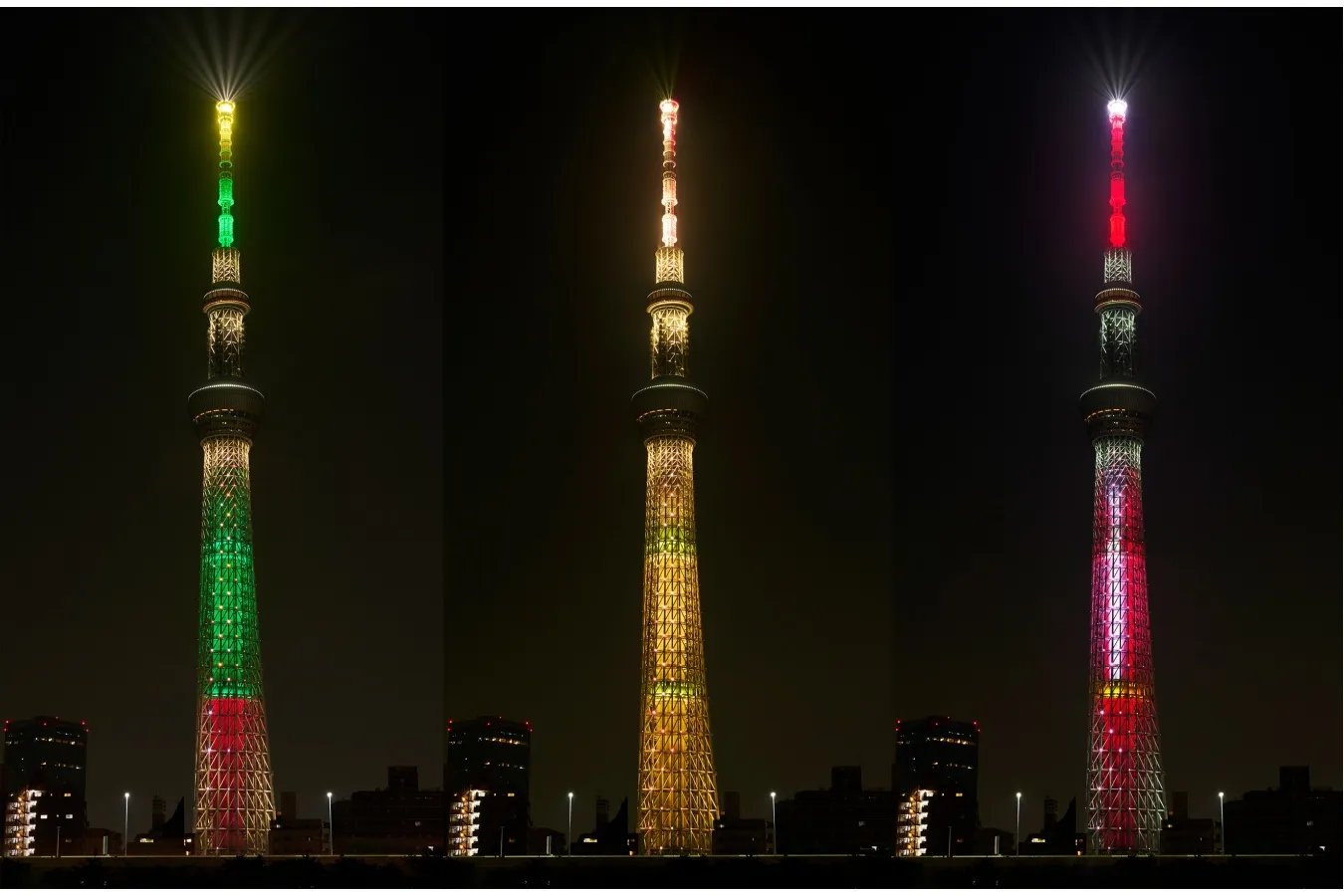 ▲左:オーナメントツリー、中:エレガントツリー、右：サンタクロース　©TOKYO-SKYTREE