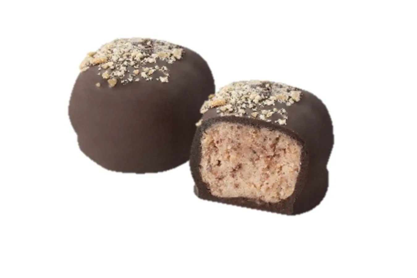 ▲「アーモンドプラリネ With フィユティーヌ」：香り豊かなバレンシア産アーモンドで作ったプラリネをフィユティーヌと合わせ、ダークチョコレートで包み、アーモンドクラッシュで飾り付け