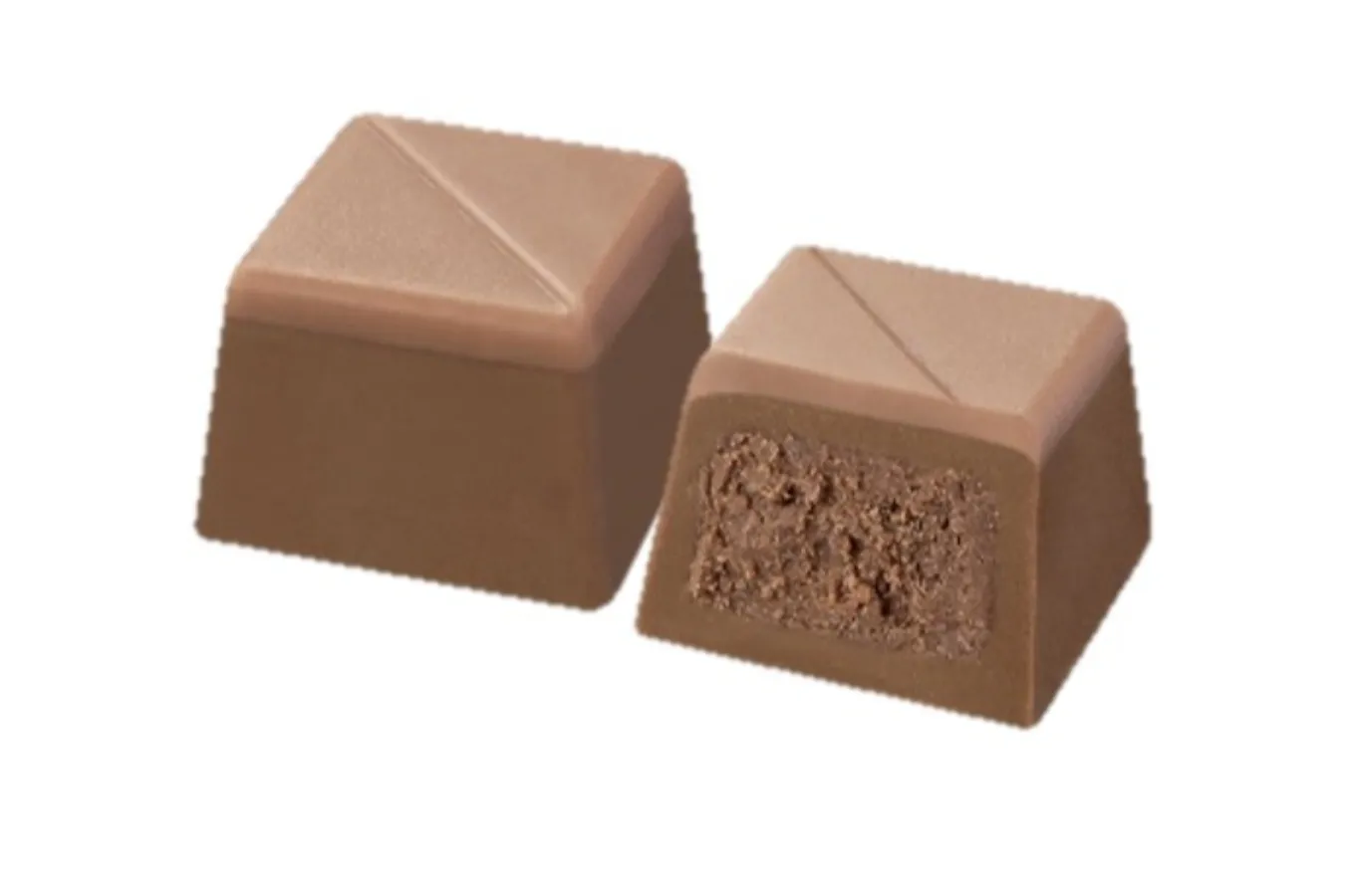 ▲「ペカン＆オレンジ プラリネ」：トップには輝くようなブロンドチョコレート、上品な味わいのピーカンナッツとオレンジ風味のプラリネをミルクチョコレートで包んでいるそう