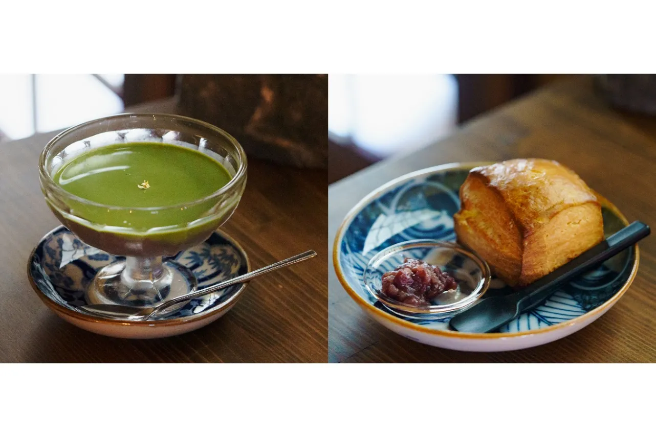 ▲写真左「水ようかん 抹茶ソース」(550円)、写真右「酒かすスコ―ン」(550円)