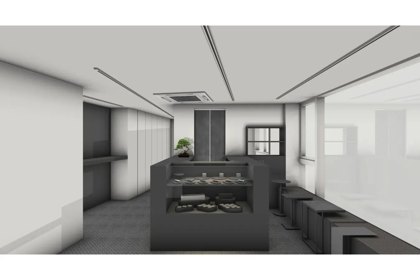 ▲「だんご茶屋 楚々」の黒と白を基調とした落ち着いた店内デザイン。