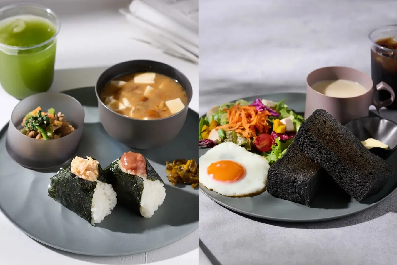 ▲左：「おにぎりセット（おにぎり2個・小鉢・味噌汁・香の物・ドリンク）」 （1,100円）／右：「トーストセット（黒炭トースト・サラダ・目玉焼き・スープ・ドリンク）（1,100円）※ともにイートインのみ