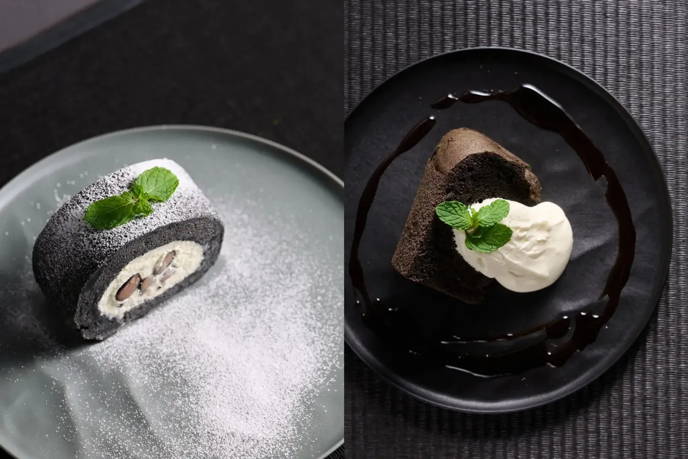 ▲左：「ZENロールケーキ」（イートインのみ1,029円）／右：「黒いシフォンケーキ」（イートインのみ1,186円）