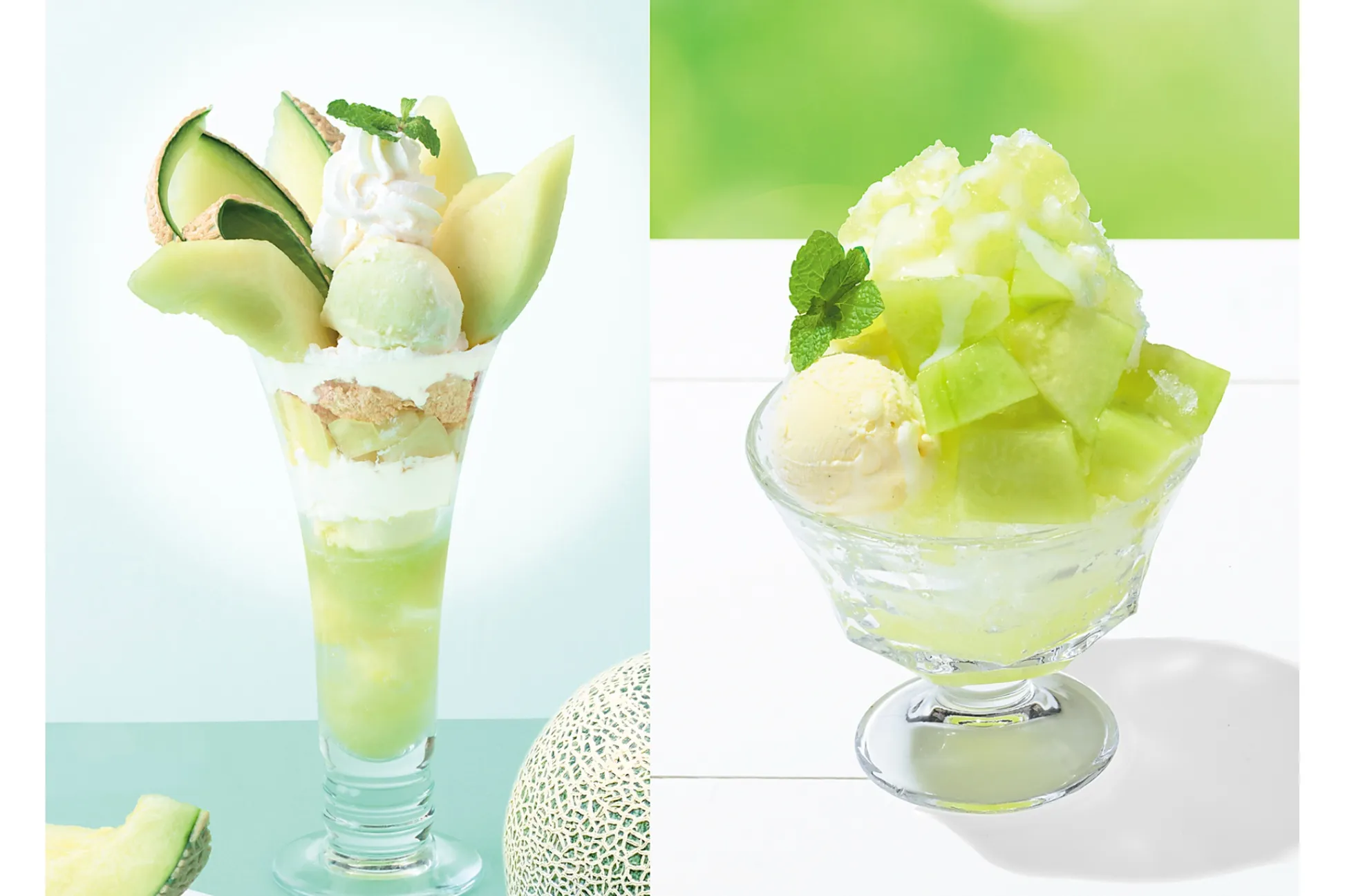 【銀座コージーコーナー】茨城県産メロンを使用したパフェとかき氷が登場