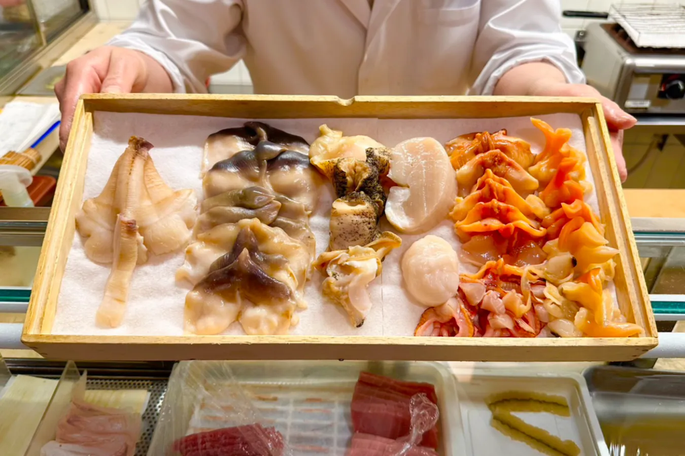 ▲この日の貝ラインナップ。これだけ貝がそろう寿司店は珍しい