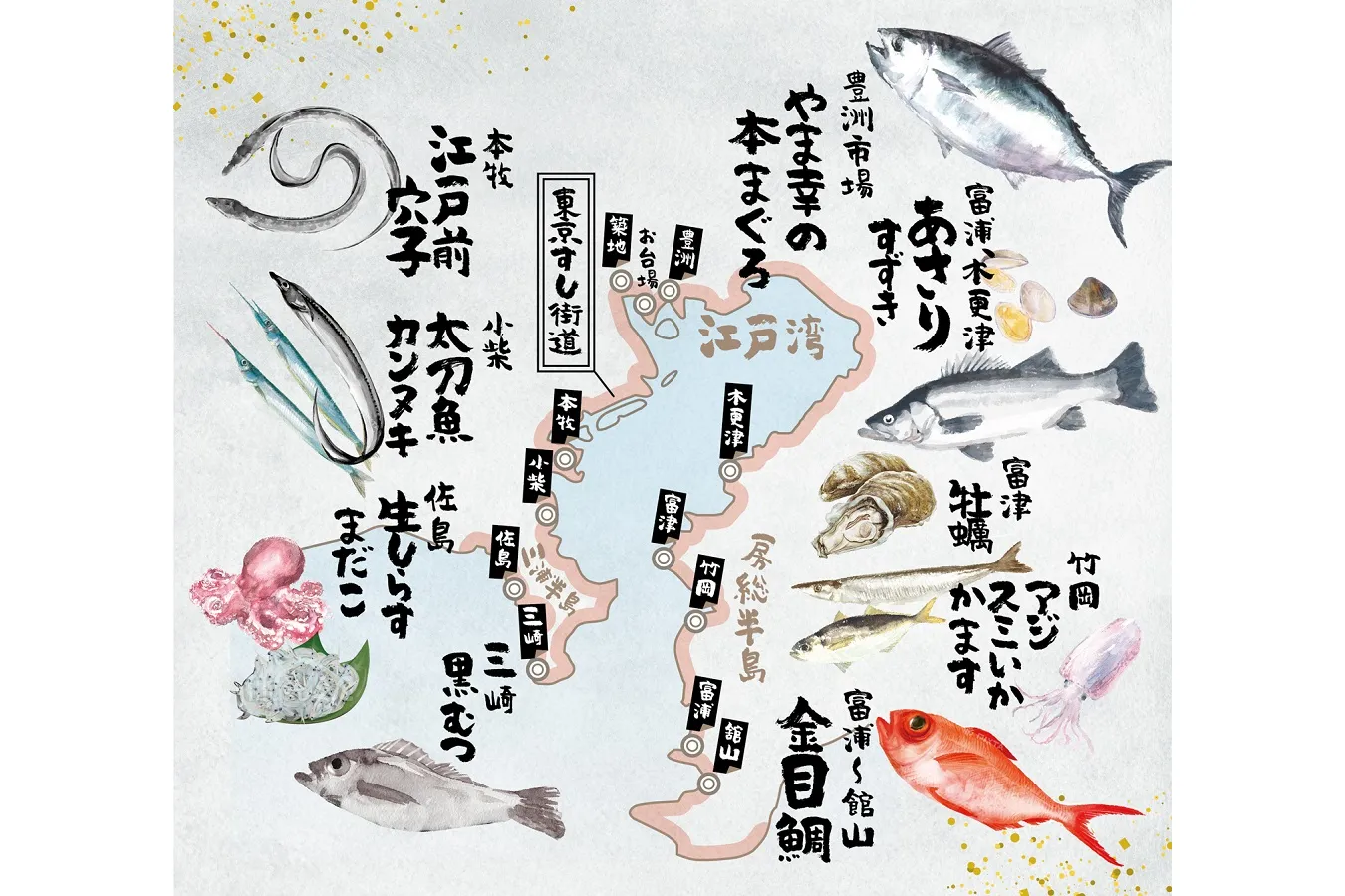 ▲寿司ネタなどに使用する素材は江戸前（東京湾）のもの