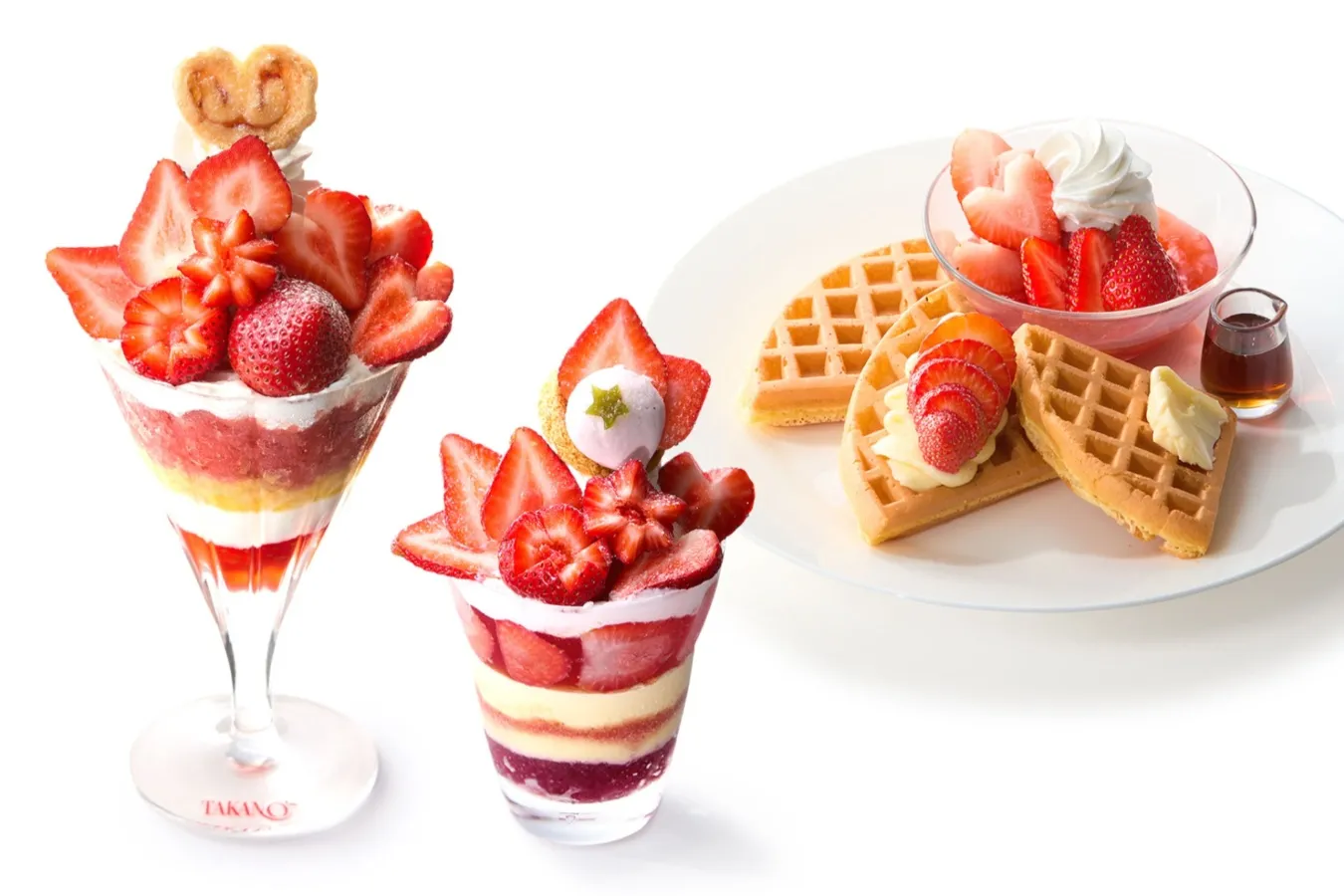 ▲「左：苺のパフェ／中央：シーズナルトライフル　苺／右：苺のワッフル」