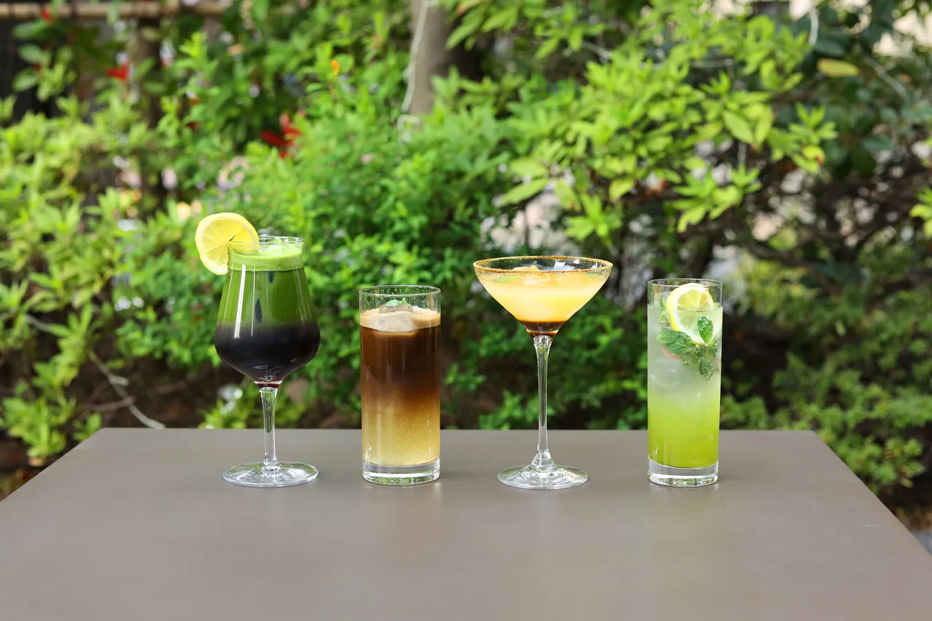 ▲左から「抹茶コーラ」「ほうじ茶アップ」「和紅茶ソルティドッグ」「六煎茶モヒート」