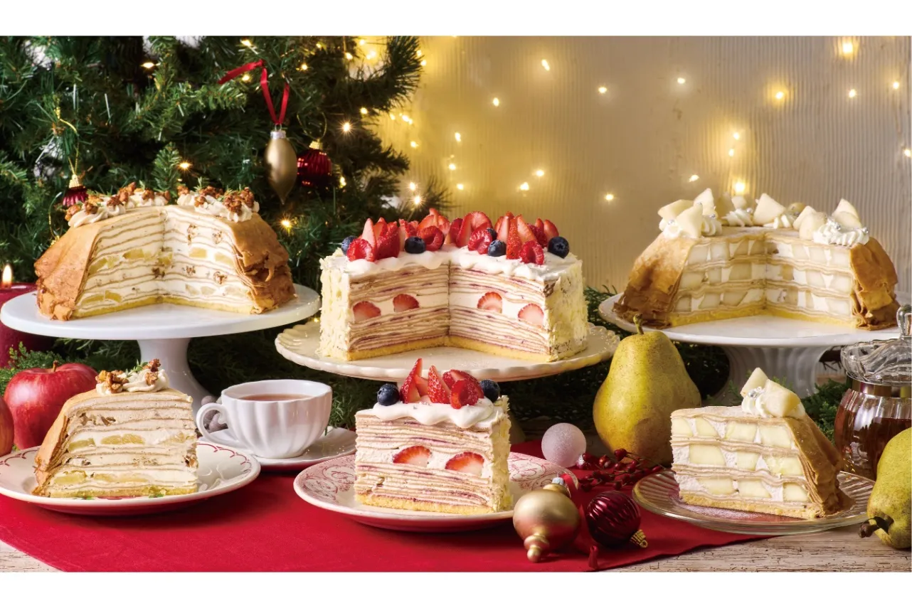 ▲左から「メープルクリームとりんごのミルクレープ」「ベリーとマスカルポーネのクリスマスミルクレープ」「ル レクチエのミルクレープ」