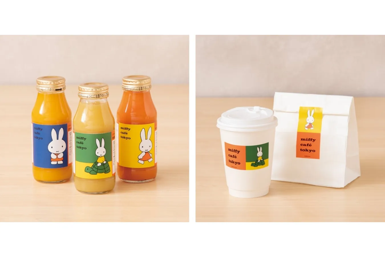 ▲「ボトルドリンク（りんご＆にんじん/うんしゅうみかん/ラ・フランス）」（各590円）、「カフェラテ（hot）」（790円）　Illustrations Dick Bruna Ⓒ copyright Mercis bv,1953-2023　www.miffy.com　※画像はイメージ