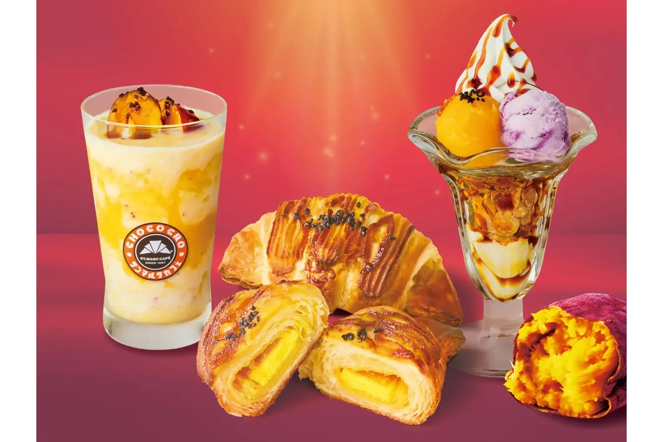 ▲左から「ごろっとスイートポテトスムージー」、「プレミアムチョコクロ スイートポテト」、「スイートポテト&紫芋のパフェ」