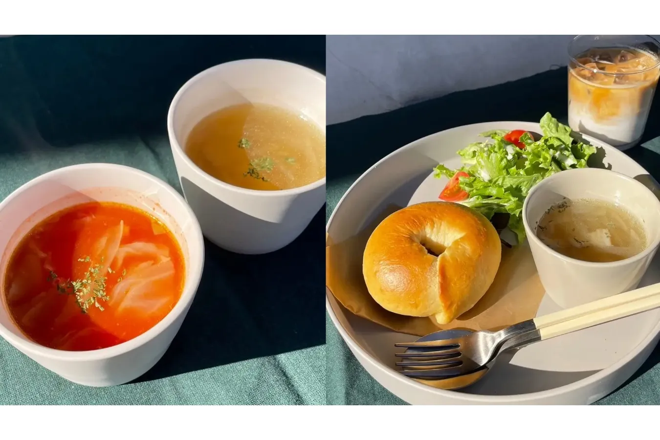 ▲「ベーグルセット」スープは、塩麹オニオン、さっぱりトマトの2種類から選べる