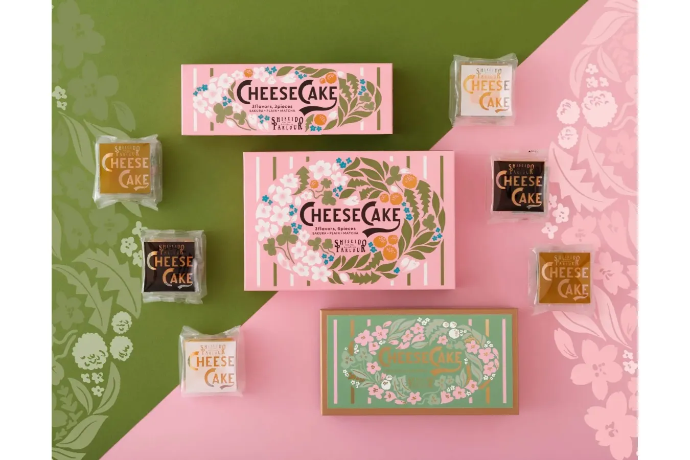 ▲上から「チーズケーキ3種 各1個入（さくら・プレーン・抹茶）」「チーズケーキ3種 各2個入（さくら・プレーン・抹茶）」「⼿焼きチーズケーキ（抹茶withさくら）」