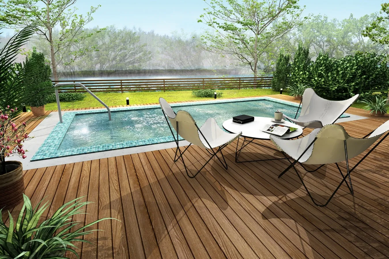 ▲6角形を3つ合わせたような独特な形状のヴィラには、プライベートプールや天然温泉「黒温泉」のお風呂がある