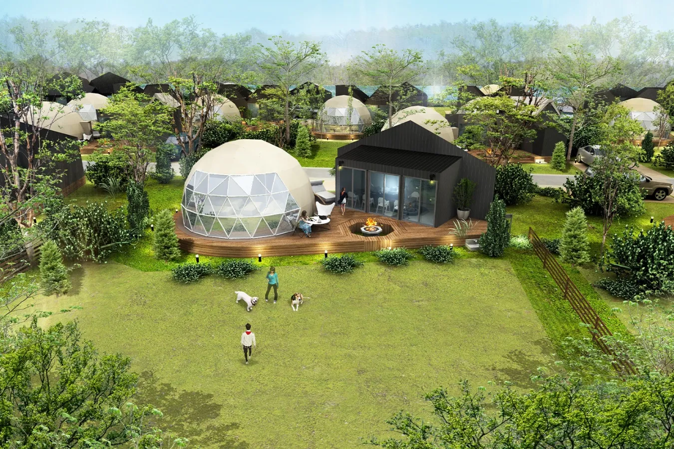 ▲愛犬同伴可のグランピングドームは4棟あり、各棟個別のプライベートドッグランを完備。最大340㎡のプライベートドッグランは日本国内では最大級の広さを誇る