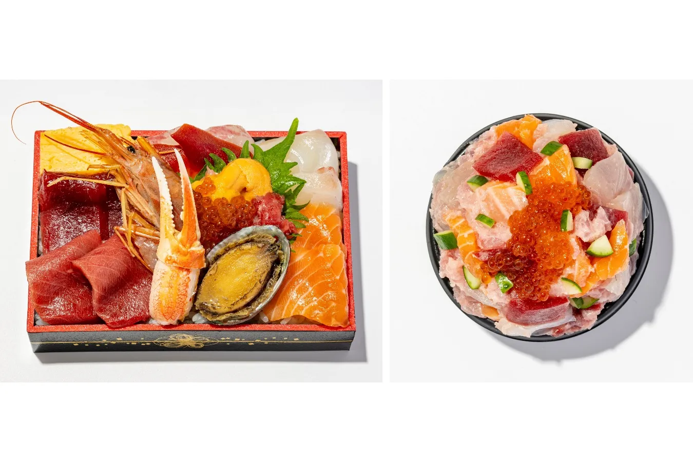 ▲「(左)築地わくわく丼、(右)つきじめし トッピング(ブリ・サーモン・鯛)」