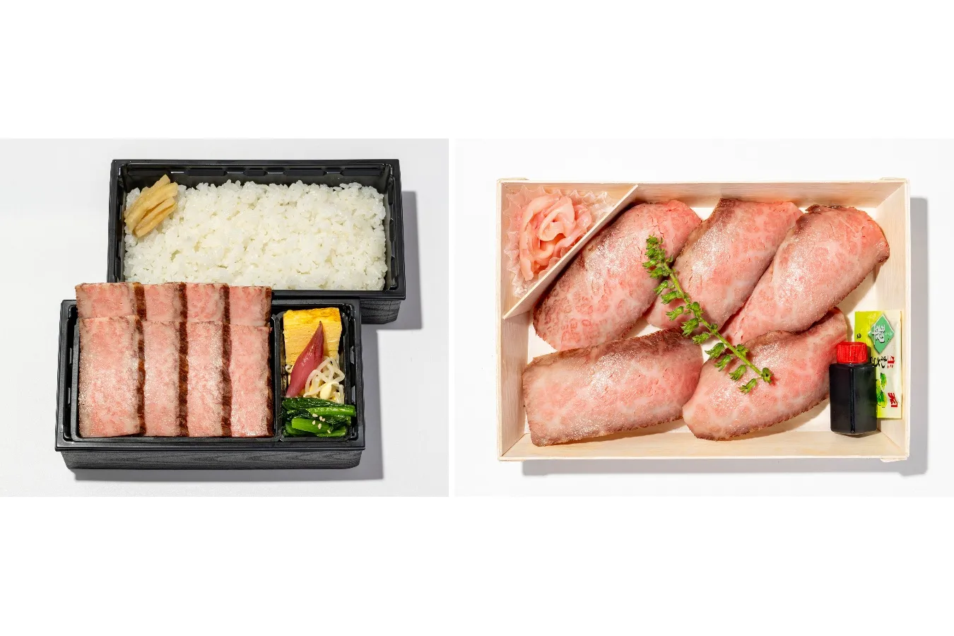 ▲「(左)和牛ロースステーキ弁当、(右)和牛の肉寿司」