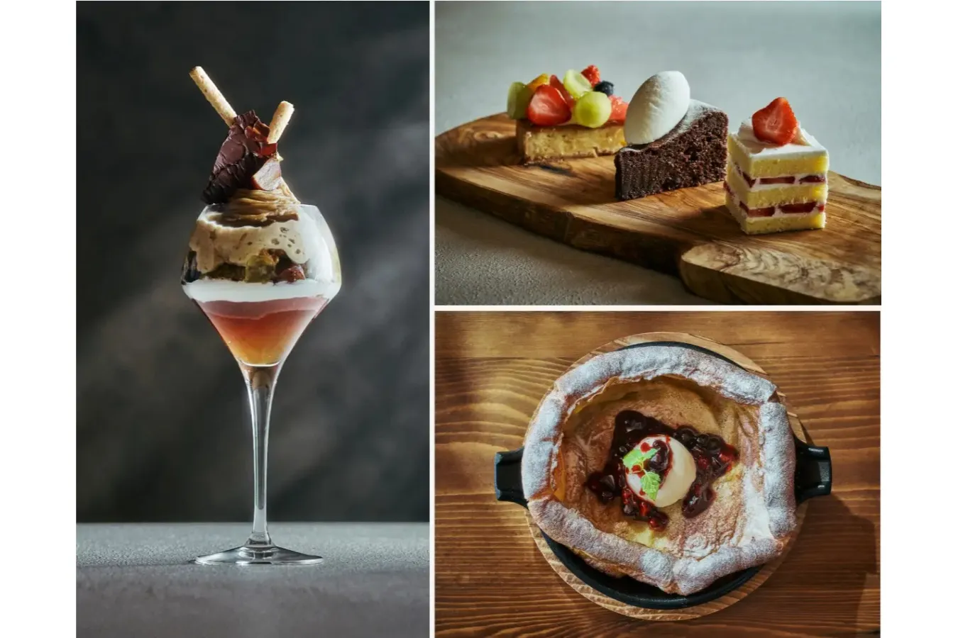 ▲左：パフェ、右上：「八芳園洋菓子店」のケーキ、右下：ダッチベイビー