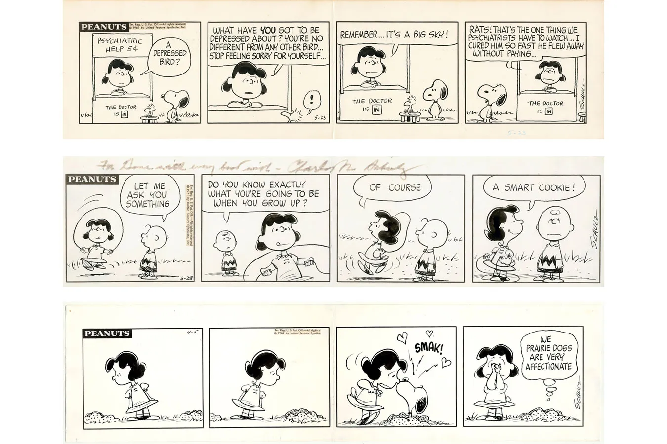 ▲上から「1969年5月23日」「1971年6月28日」「1969年4月5日」（すべて原画）　(C) Peanuts Worldwide LLC