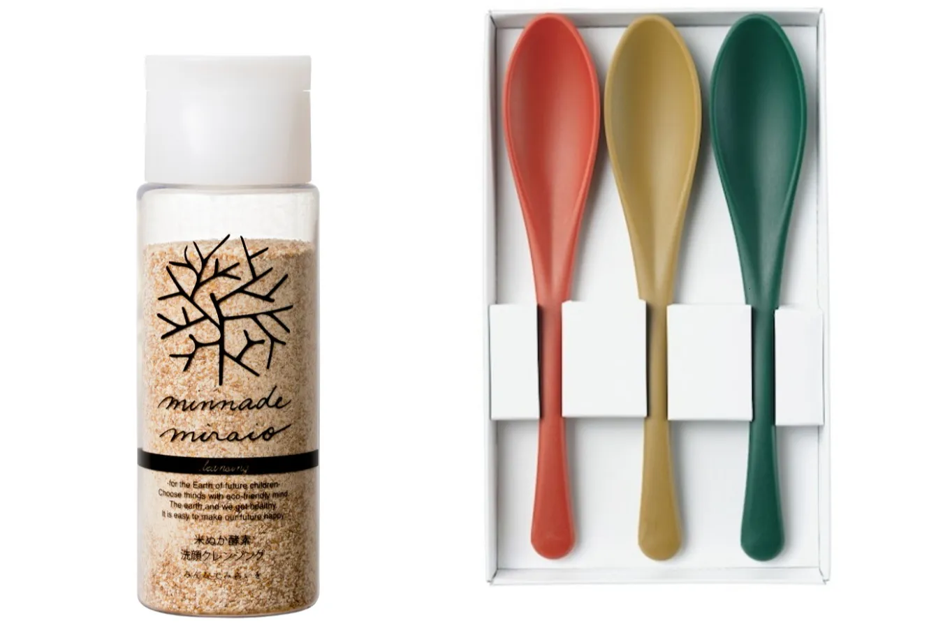 ▲「みんなでみらいを 米ぬか酵素洗顔クレンジング」（左）、「お米のスプーン」（右）