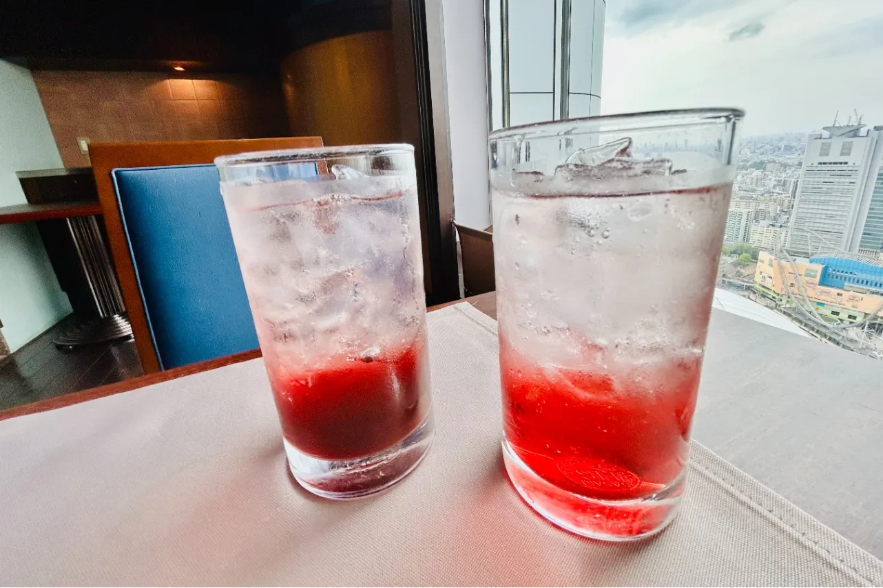 ▲左から「りんご酢 ソーダ割(ローズヒップ&カシス)」、「りんご酢 ソーダ割(ざくろラズベリー)」