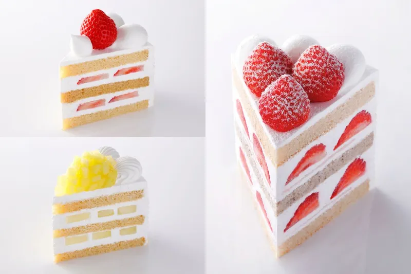 （左上から時計回りに）パン＆ケーキ「パティスリーSATSUKI」『新スーパーあまおうショートケーキ』、『新エクストラスーパーあまおうショートケーキ』、『スーパーメロンショートケーキ』