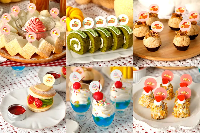 提供予定メニュー（左上から時計回り）  しろくまの塩シフォンケーキ、ぺんぎん？の抹茶ロールケーキ、とんかつのマロンブッセ、ねこのパンケーキ、とかげのミニパフェ、えびふらいのしっぽのカヌレ