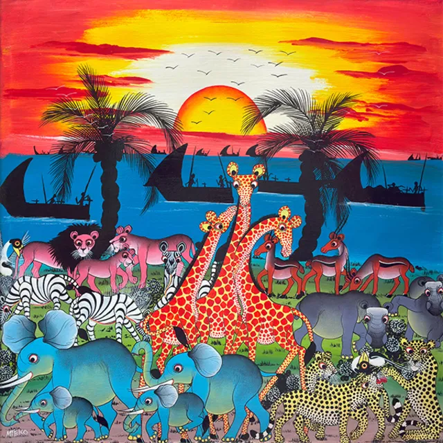 ティンガティンガ　アート　絵画 アフリカ絵画『 Cheetah in blue 』 ティンガティンガ by Martina.E.S.