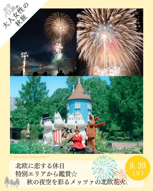 大人女性の秋旅　北欧に恋する休日　特別エリアから鑑賞　秋の夜空を彩るメッツァの北欧花火