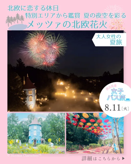 大人女性の夏旅 北欧に恋する休日 特別エリアから鑑賞 夏の夜空を彩るメッツァの北欧花火