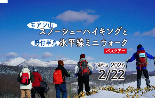 モアン山スノーシューハイキングと野付半島氷平線ミニウォークバスツアー