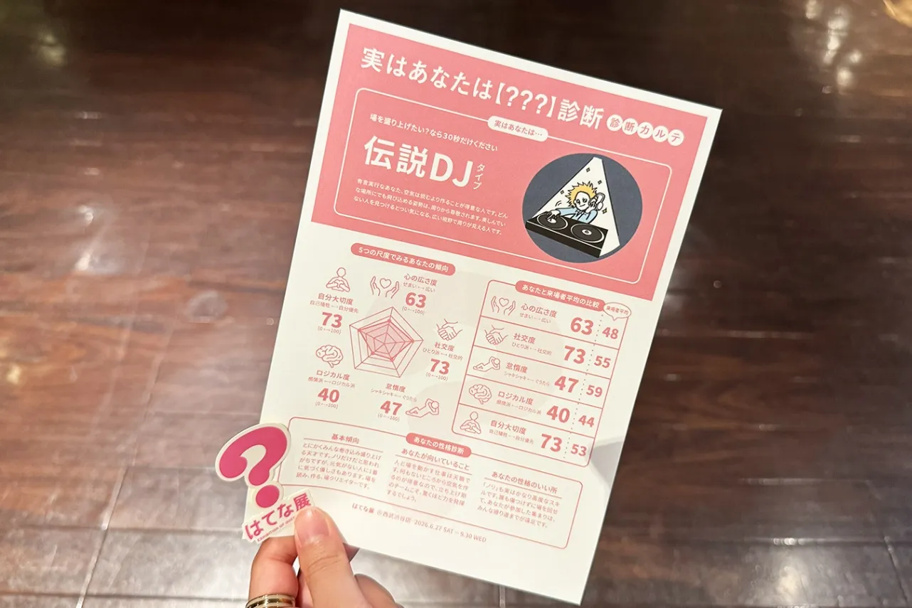 ＜はてな展＞【？？？】診断のカルテと特典ステッカー（2026年撮影：レッツエンジョイ東京編集部）