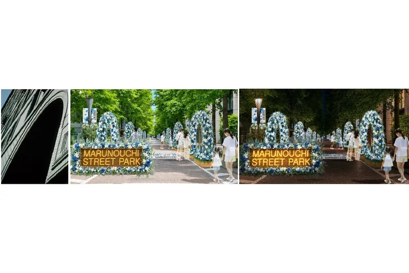 （左から）丸ノ内ビルヂング（当時）、Block1（三菱商事ビル・郵船ビル・丸ビル前）展開イメージ・昼／展開イメージ・夜