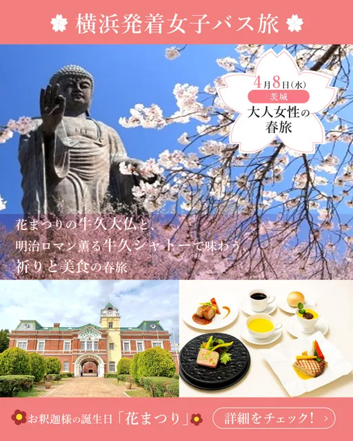大人女性の春旅　花まつりの牛久大仏と桜色に染まる歴史遺産・名門シャトーの美食ランチ