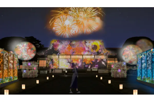 たてもの園前ライトアップイメージ（カメラ越しに見たAR花火を含む）