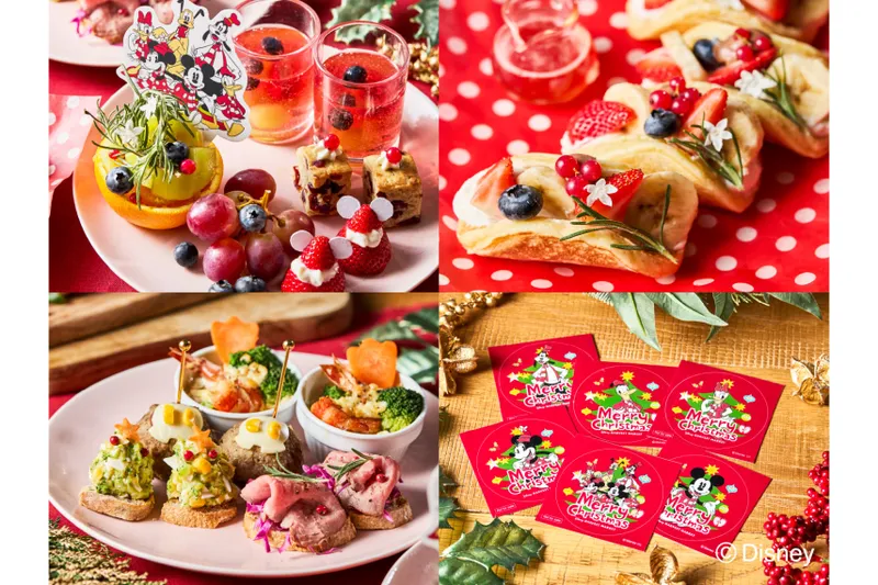 左上から時計回りに：フルーツパーラープレート、オートミール入りパンケーキプレート、ノベルティステッカー、ハーベストミールプレート