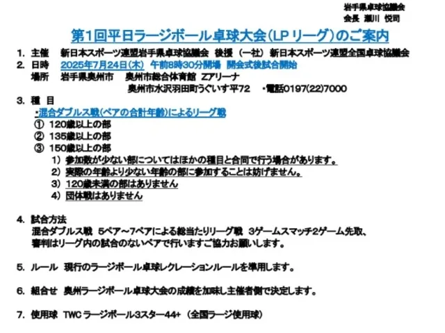 第1回平日ラージボール卓球大会（LPリーグ）_1
