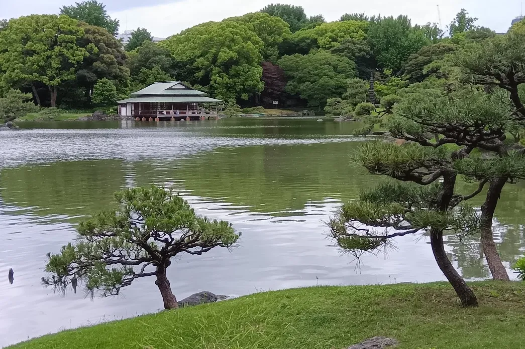 ▲清澄庭園の大泉水と涼亭（画像提供：公益財団法人 東京都公園協会）